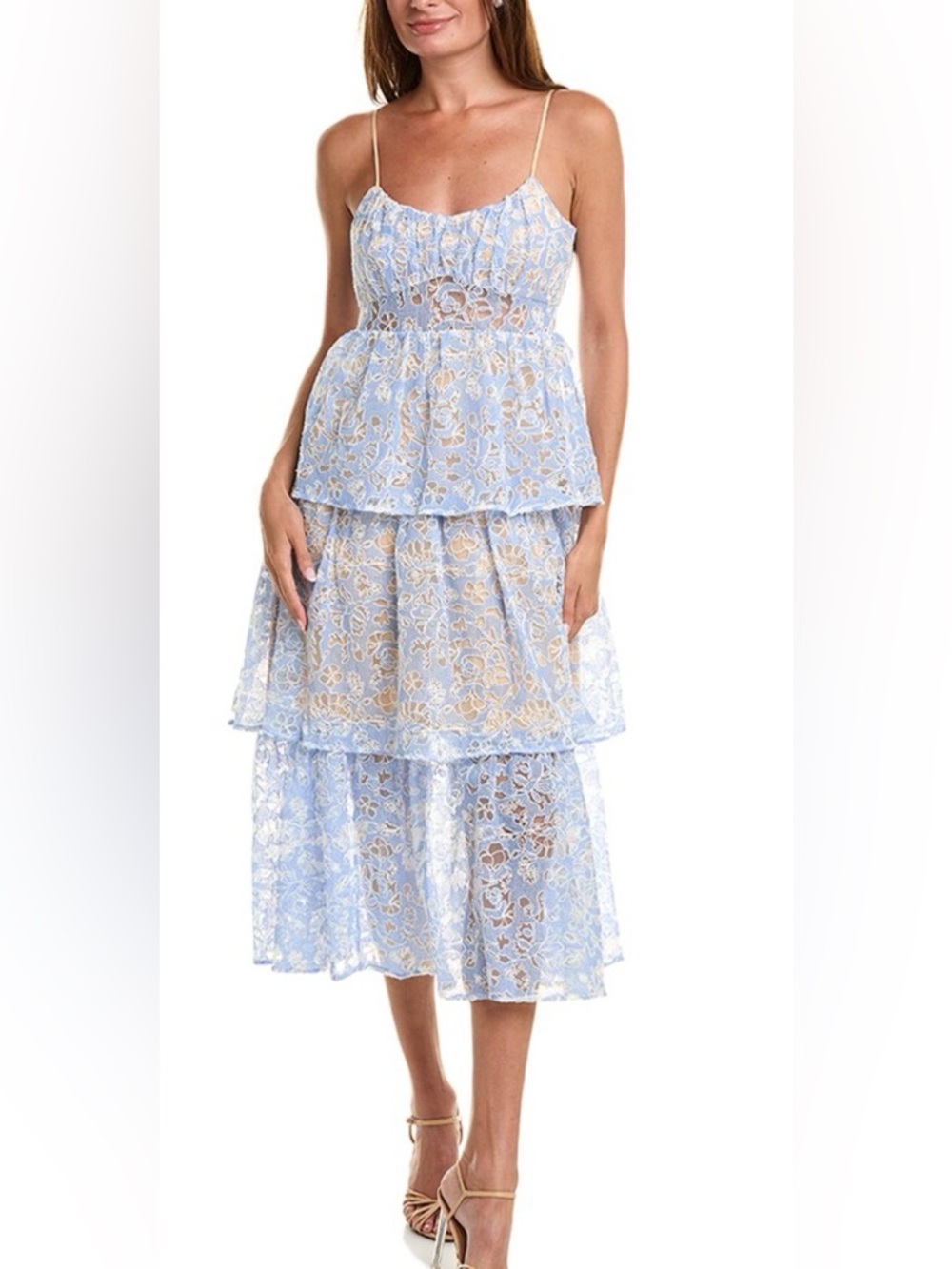 Santos Embroidered Cutwork Tiered Midi Dress size 8